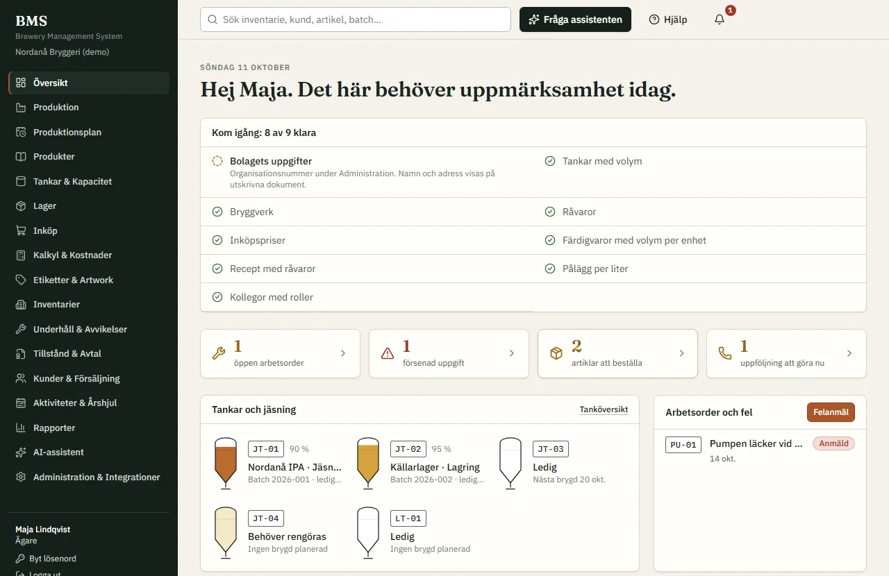 Översiktsvyn i BMS med demodata